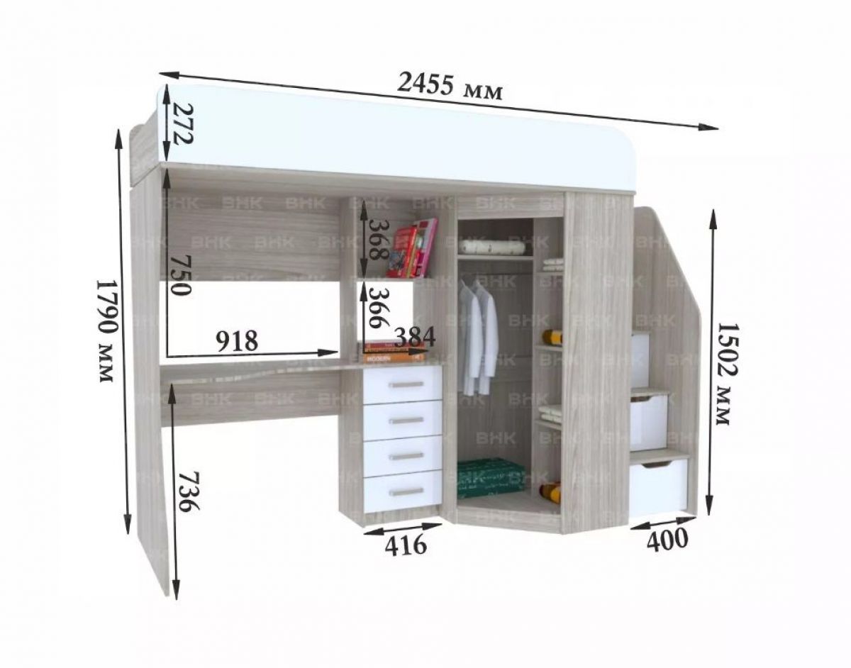 Кровать-чердак подростковая Антилия (Дуб Крафт белый/Белый глянец) | фото 4