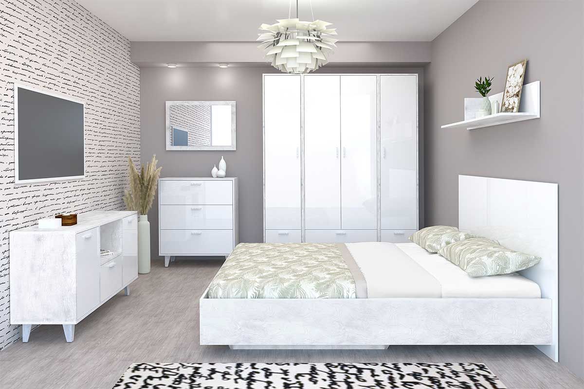 Спальня Эго модульная (на ножках) Бетон светлый/Белый глянец | фото 2