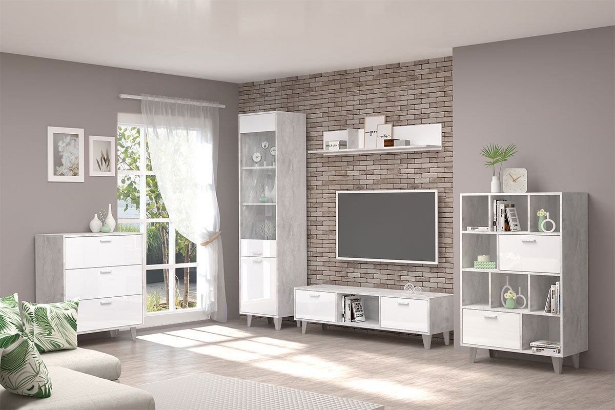 Гостиная  Эго модульная (на ножках) Бетон светлый/Белый глянец | фото 3