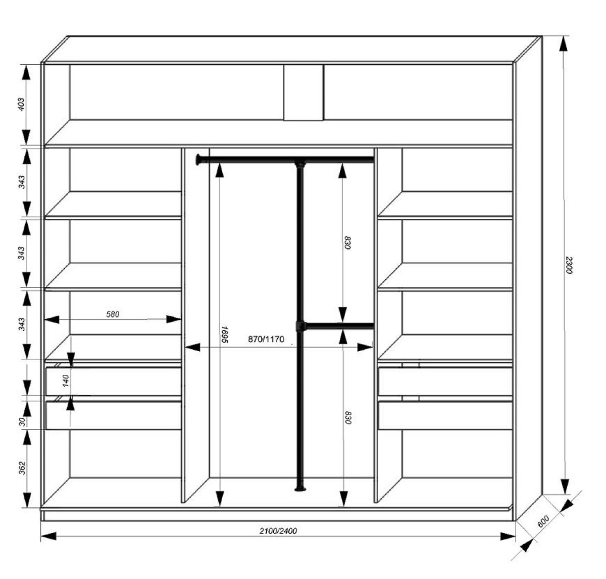 Шкаф-купе 2400 серии SOFT D5+D5+D5+B22+PL4 (по 2 ящика лев/прав+2штанги) профиль «Графит» | фото 3