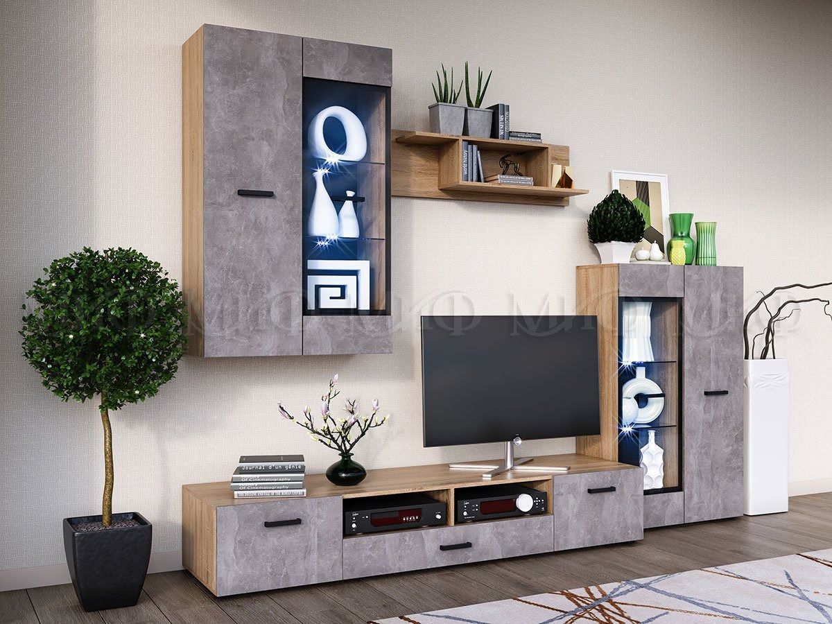 Нэнси New Шкаф-стекло исп.2 (ЛДСП) Бетон светлый/Сонома | фото 3